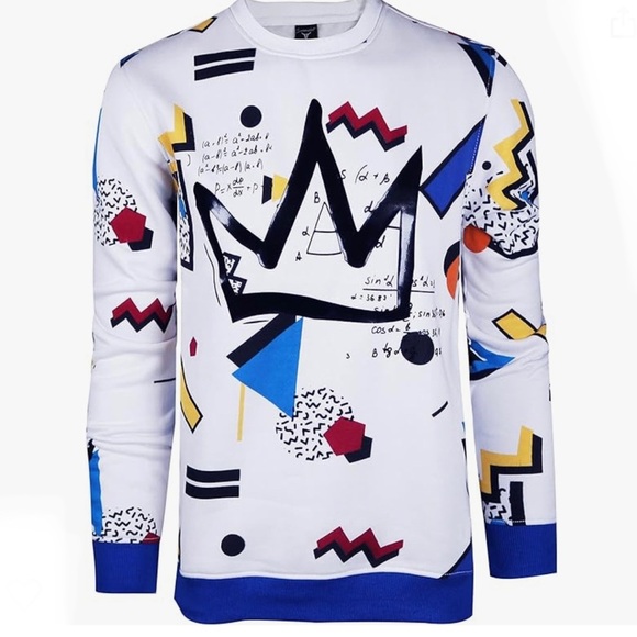 Blue White Mens Urban Hip Hop Premium Fleece - Street Fashion Crew Sweatshirt - Picture 1 of 3